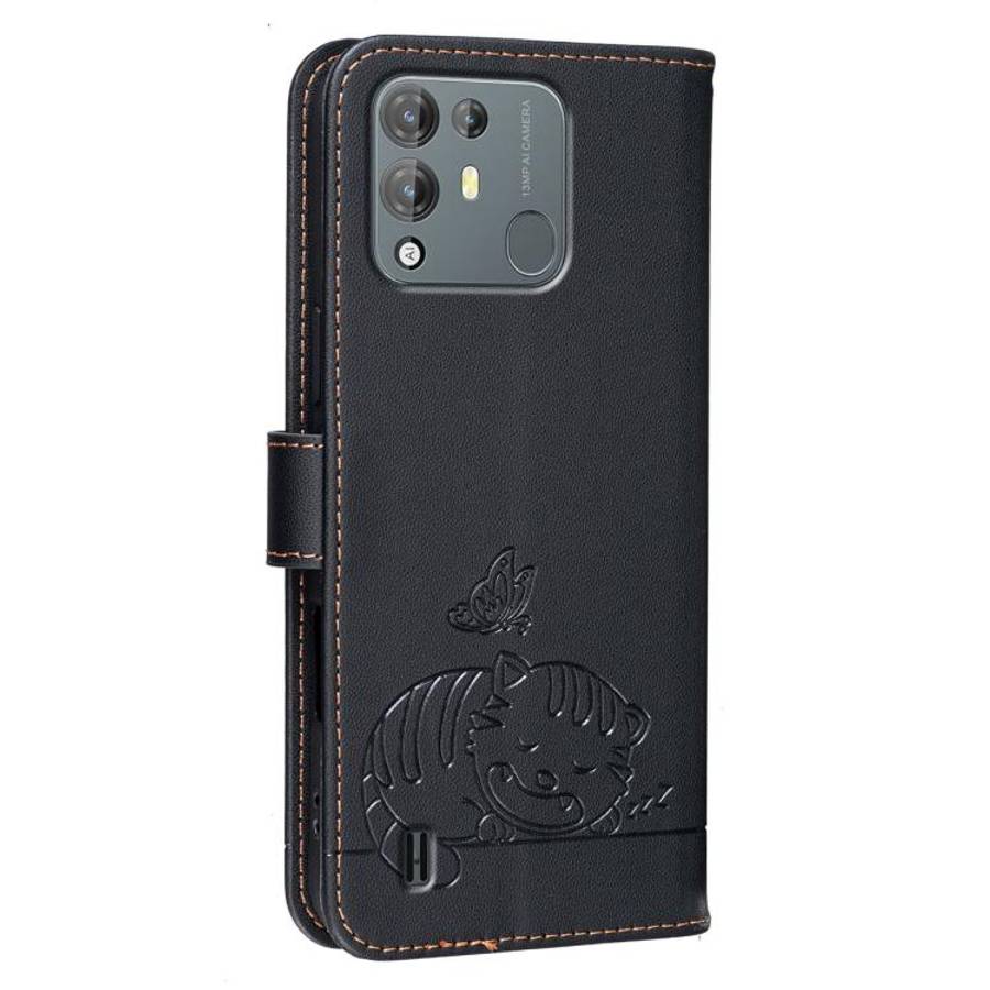 For Blackview A55 Pro Cat Butterfly Embossed RFID Vegan Leather Phone Case with Strap(Black)