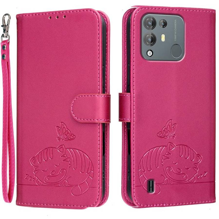 For Blackview A55 Pro Cat Butterfly Embossed RFID Vegan Leather Phone Case with Strap(Rose Red)