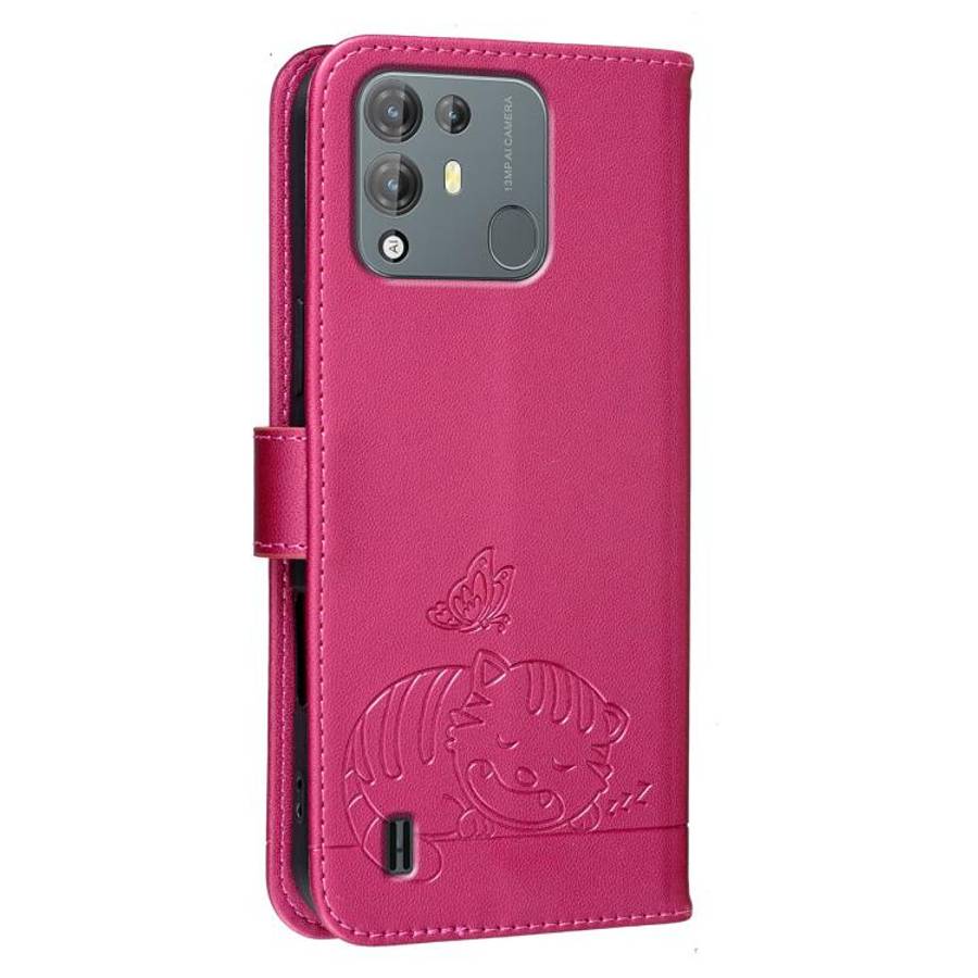 For Blackview A55 Pro Cat Butterfly Embossed RFID Vegan Leather Phone Case with Strap(Rose Red)
