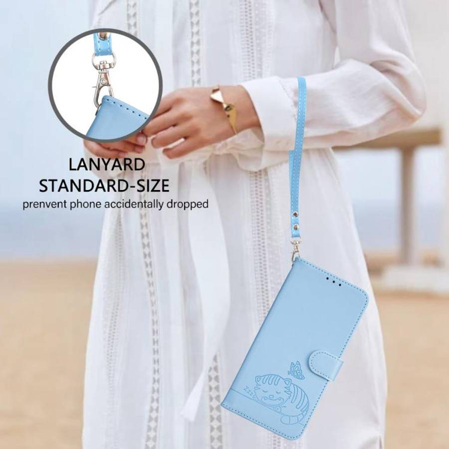 For Blackview A55 Pro Cat Butterfly Embossed RFID Vegan Leather Phone Case with Strap(Light Blue)