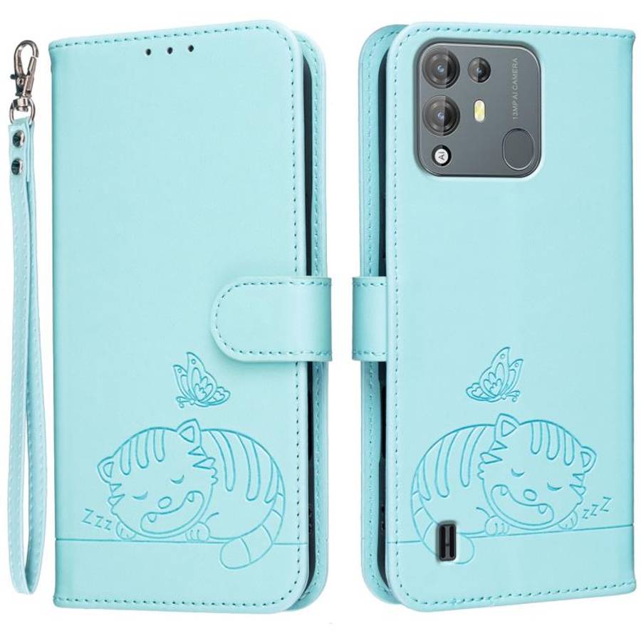 For Blackview A55 Pro Cat Butterfly Embossed RFID Vegan Leather Phone Case with Strap(Light Green)