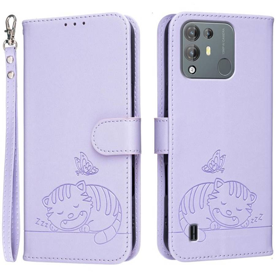 For Blackview A55 Pro Cat Butterfly Embossed RFID Vegan Leather Phone Case with Strap(Light Purple)