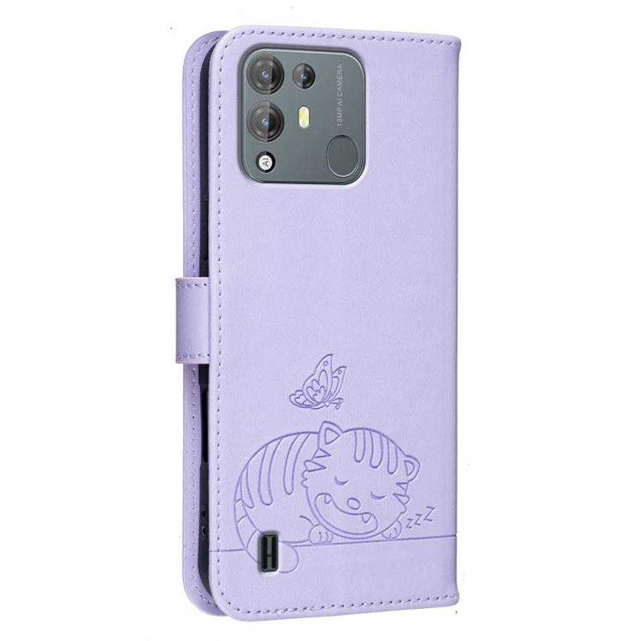 For Blackview A55 Pro Cat Butterfly Embossed RFID Vegan Leather Phone Case with Strap(Light Purple)