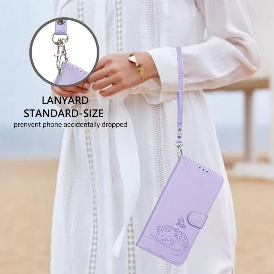 For Blackview A55 Pro Cat Butterfly Embossed RFID Vegan Leather Phone Case with Strap(Light Purple)