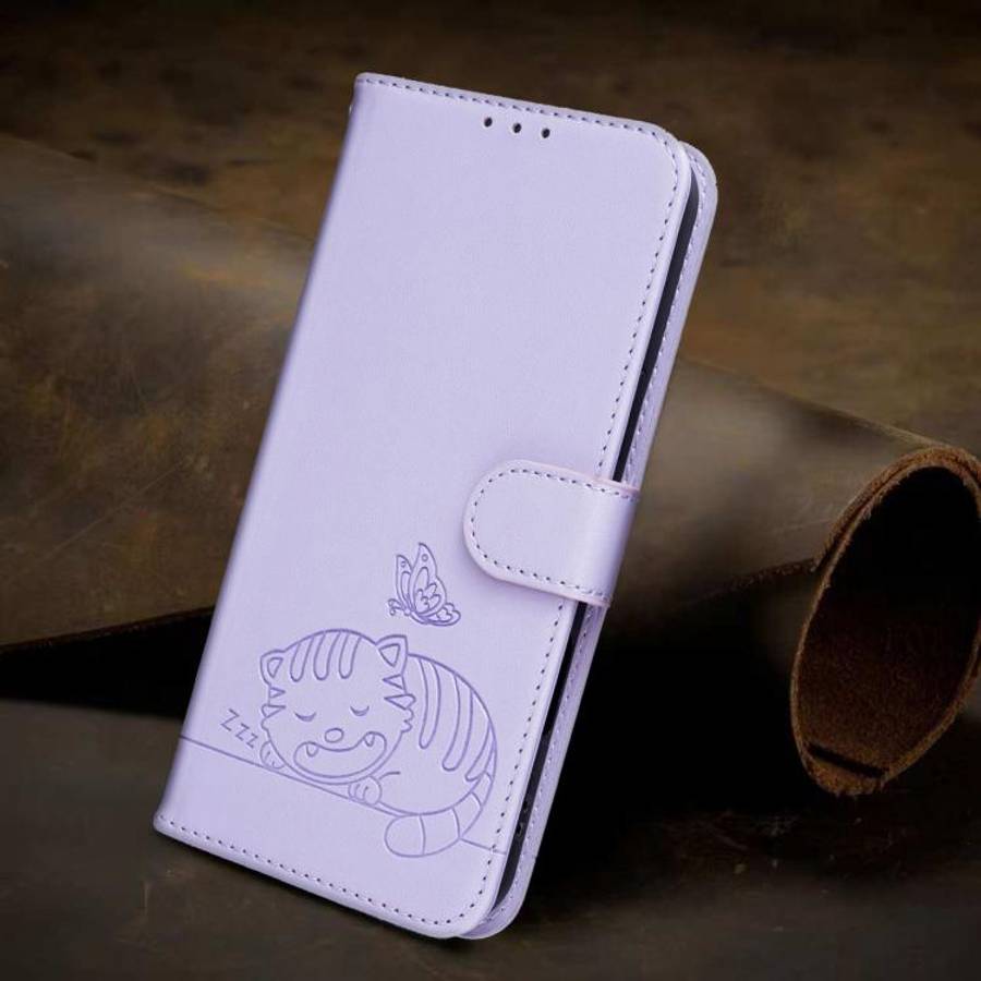 For Blackview A55 Pro Cat Butterfly Embossed RFID Vegan Leather Phone Case with Strap(Light Purple)