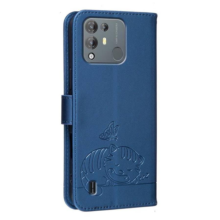 For Blackview A55 Pro Cat Butterfly Embossed RFID Vegan Leather Phone Case with Strap(Dark Blue)