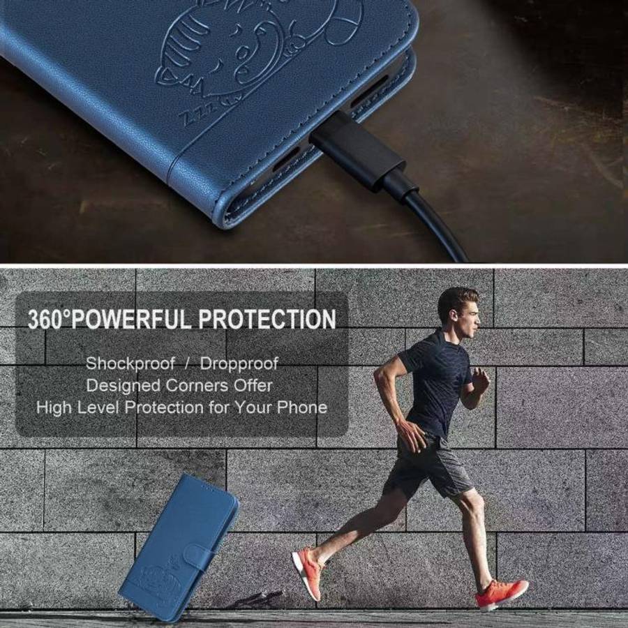 For Blackview A55 Pro Cat Butterfly Embossed RFID Vegan Leather Phone Case with Strap(Dark Blue)