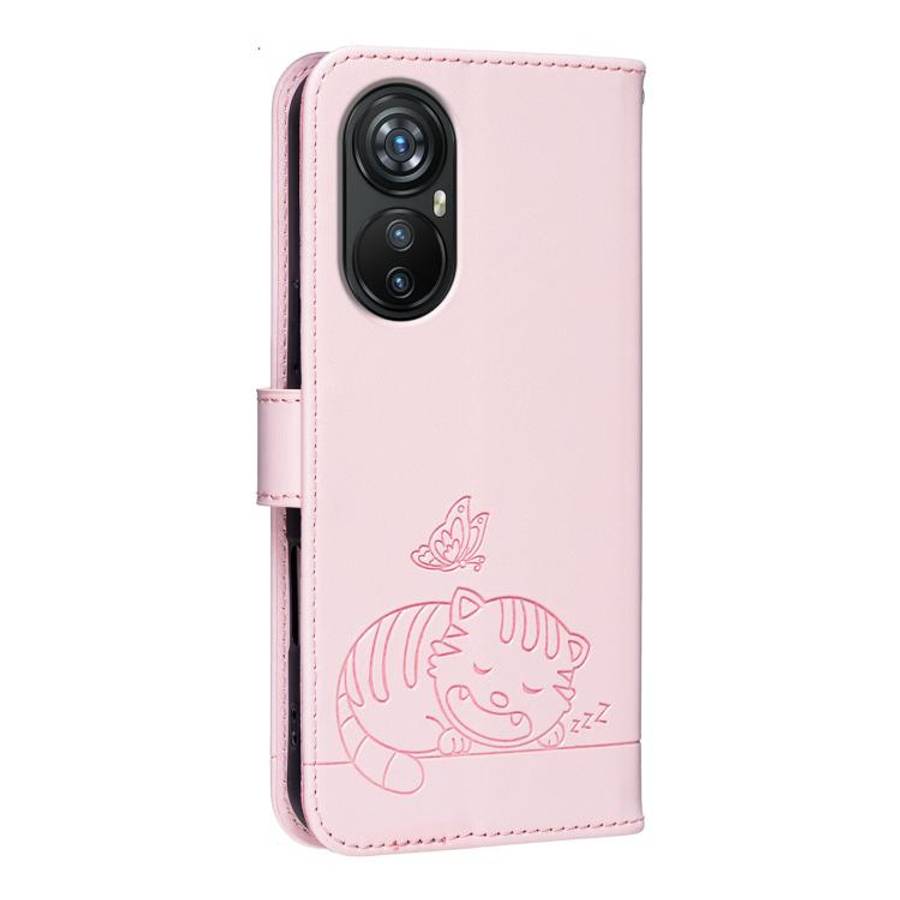 For Blackview A200 Pro Cat Butterfly Embossed RFID Vegan Leather Phone Case with Strap(Pink)