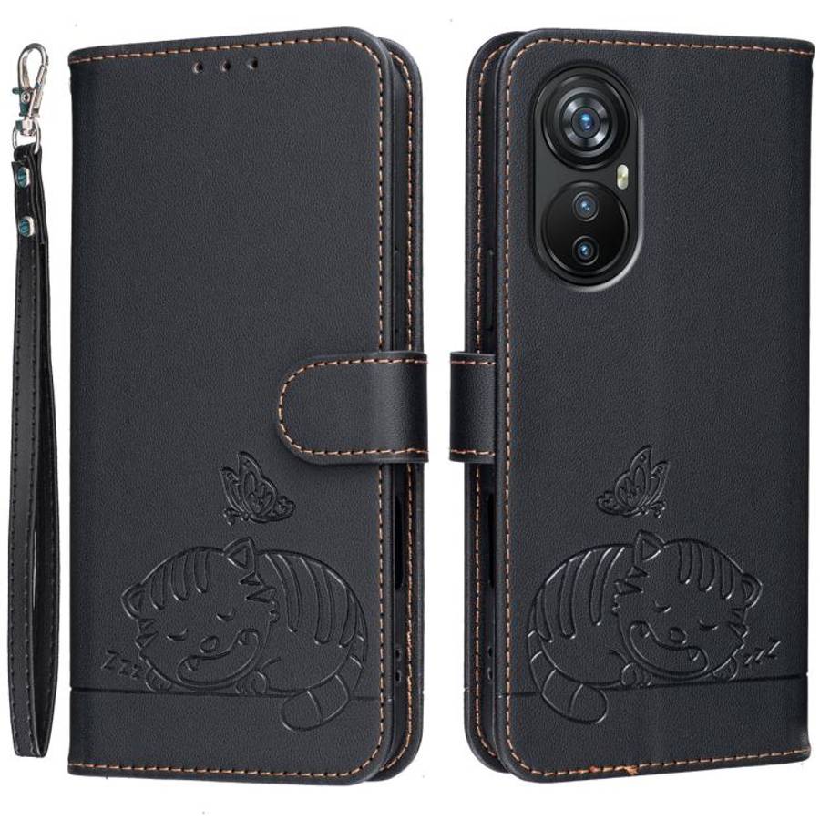 For Blackview A200 Pro Cat Butterfly Embossed RFID Vegan Leather Phone Case with Strap(Black)