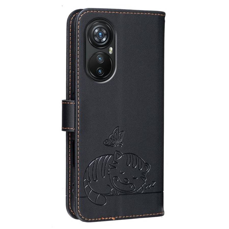 For Blackview A200 Pro Cat Butterfly Embossed RFID Vegan Leather Phone Case with Strap(Black)