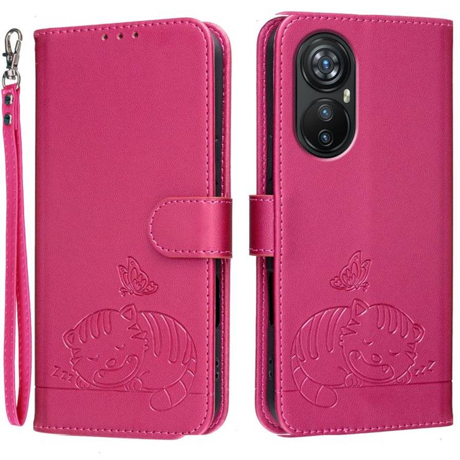 For Blackview A200 Pro Cat Butterfly Embossed RFID Vegan Leather Phone Case with Strap(Rose Red)