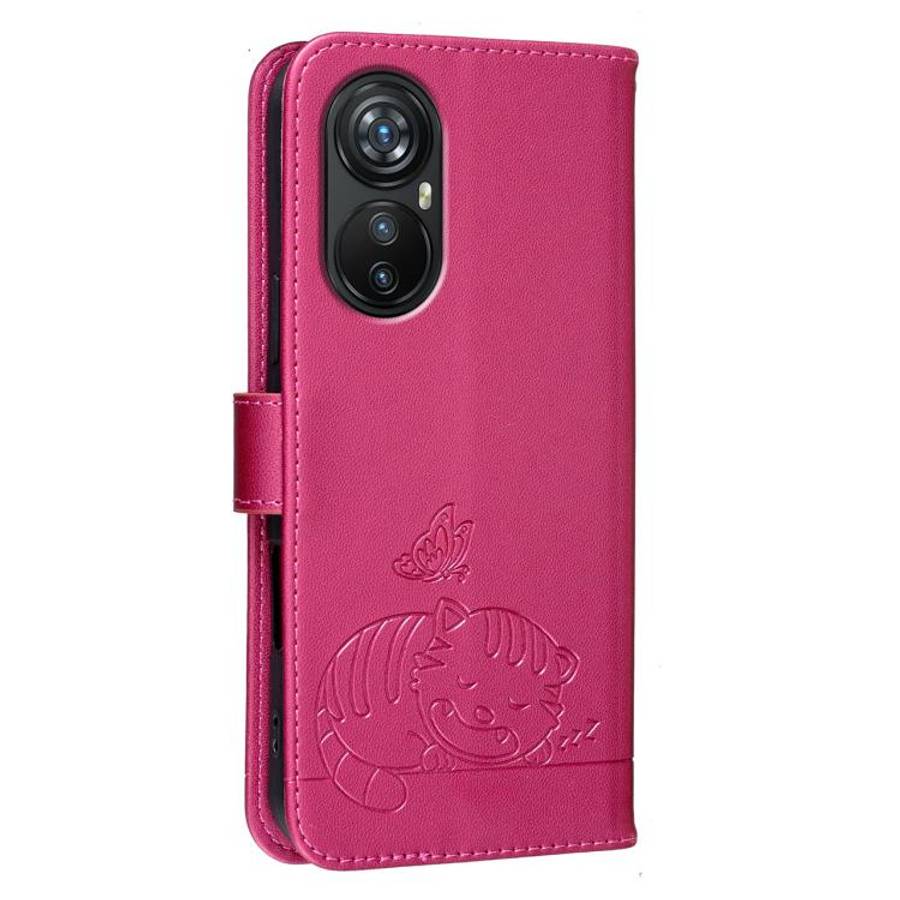 For Blackview A200 Pro Cat Butterfly Embossed RFID Vegan Leather Phone Case with Strap(Rose Red)