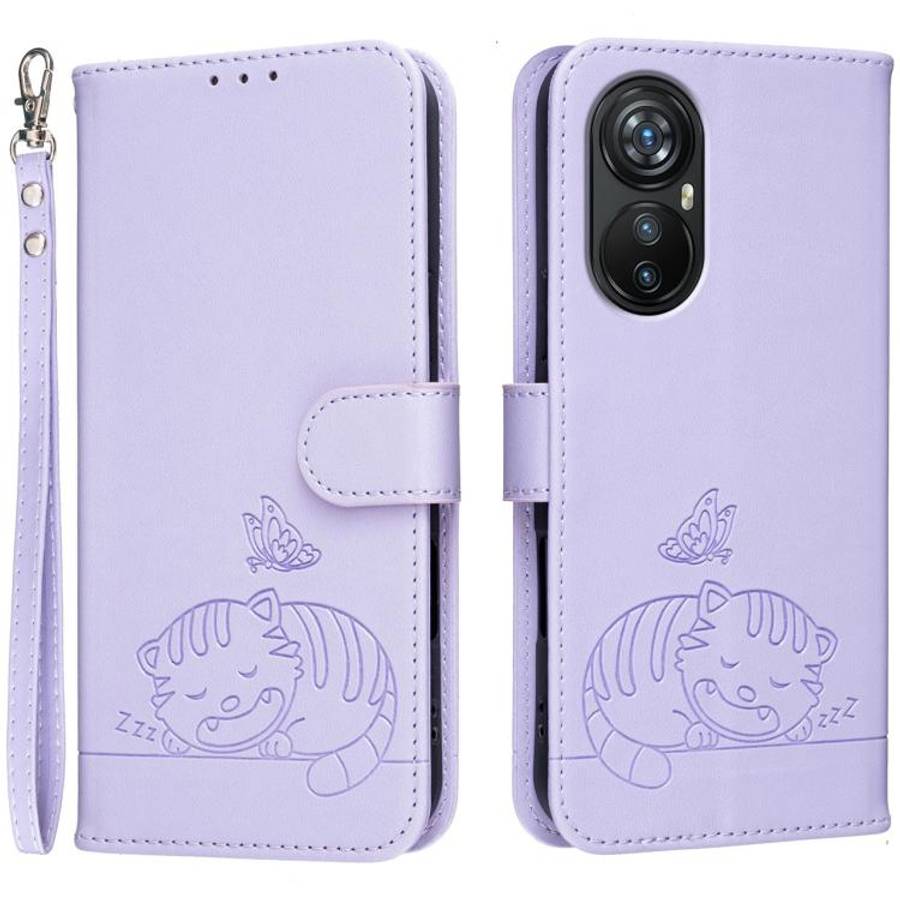 For Blackview A200 Pro Cat Butterfly Embossed RFID Vegan Leather Phone Case with Strap(Light Purple)