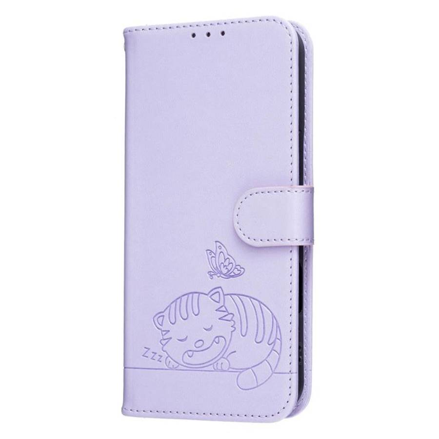 For Blackview A200 Pro Cat Butterfly Embossed RFID Vegan Leather Phone Case with Strap(Light Purple)