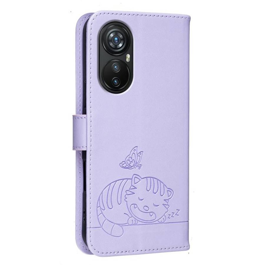 For Blackview A200 Pro Cat Butterfly Embossed RFID Vegan Leather Phone Case with Strap(Light Purple)