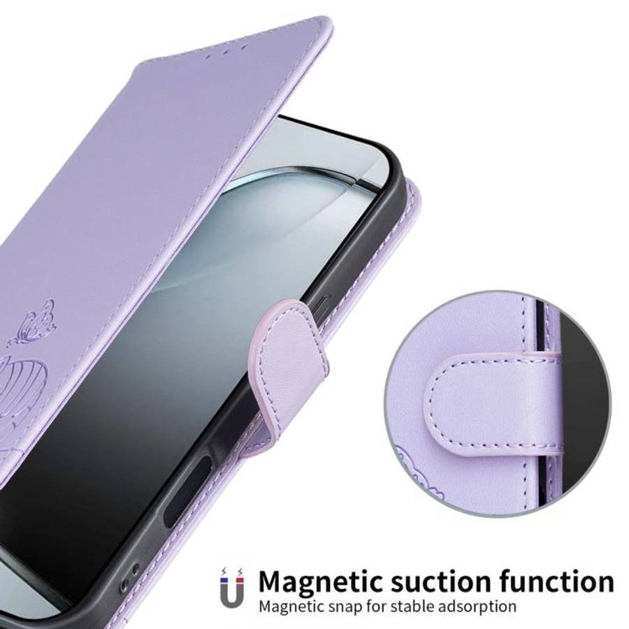 For Blackview A200 Pro Cat Butterfly Embossed RFID Vegan Leather Phone Case with Strap(Light Purple)
