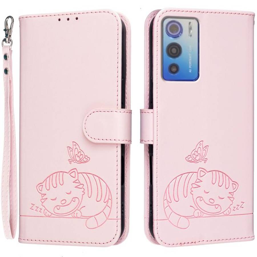 For DOOGEE N60 Pro Cat Butterfly Embossed RFID Vegan Leather Phone Case with Strap(Pink)