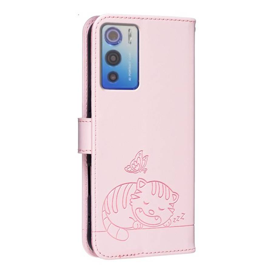 For DOOGEE N60 Pro Cat Butterfly Embossed RFID Vegan Leather Phone Case with Strap(Pink)