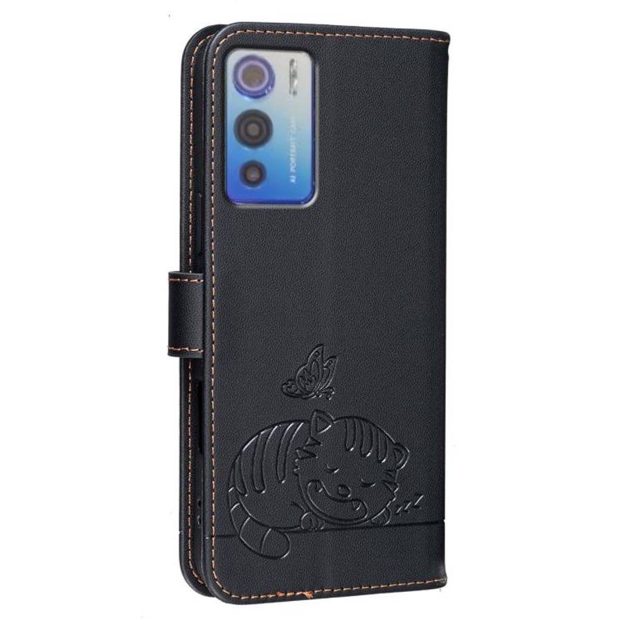 For DOOGEE N60 Pro Cat Butterfly Embossed RFID Vegan Leather Phone Case with Strap(Black)