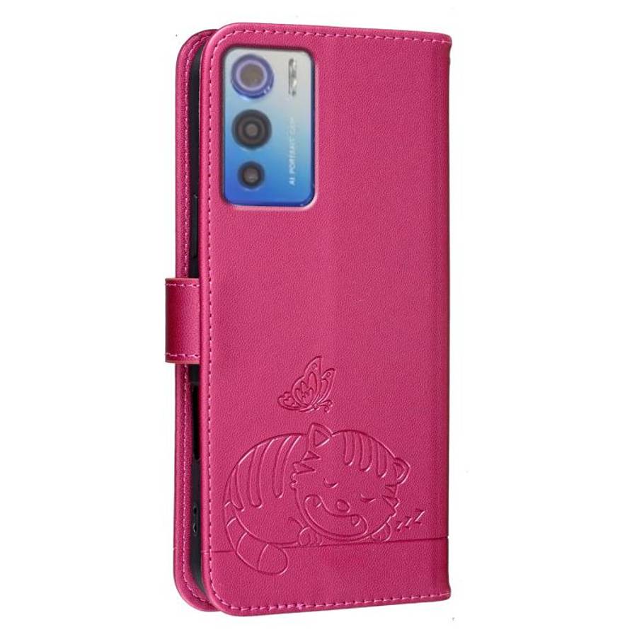 For DOOGEE N60 Pro Cat Butterfly Embossed RFID Vegan Leather Phone Case with Strap(Rose Red)