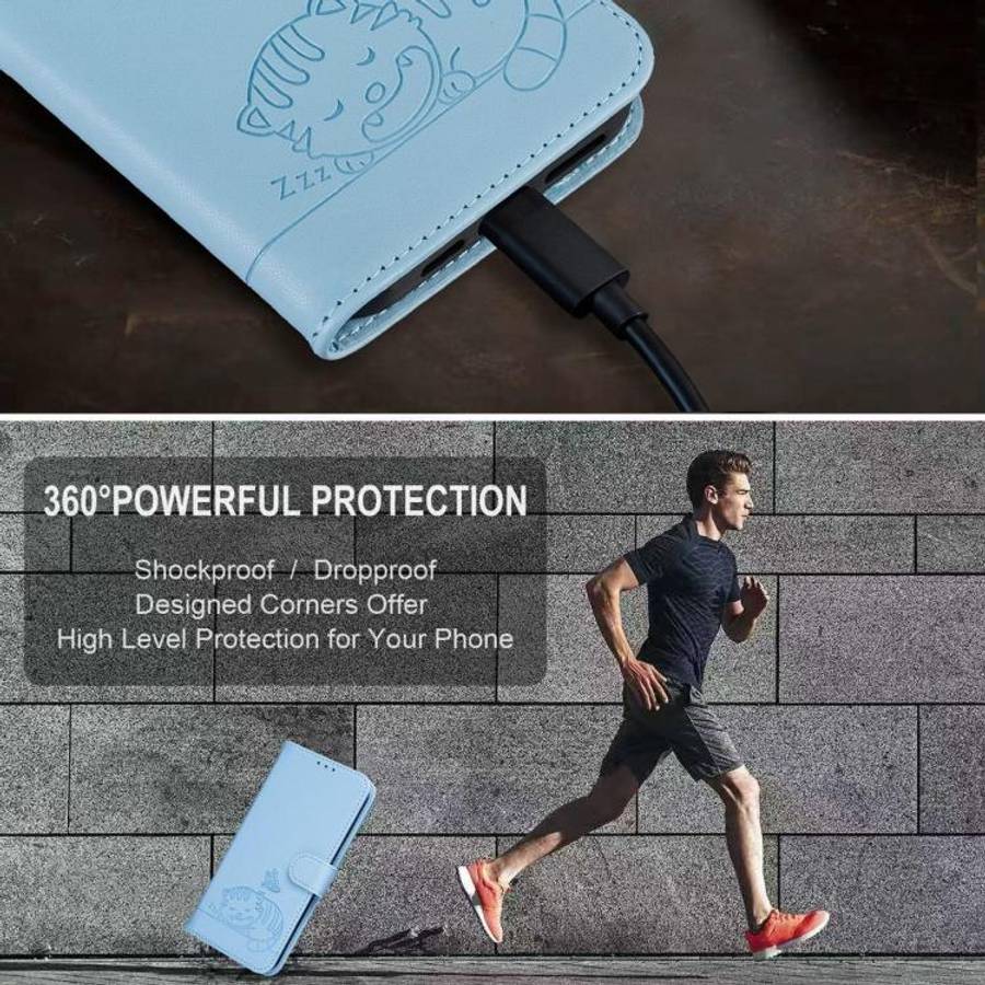 For DOOGEE N60 Pro Cat Butterfly Embossed RFID Vegan Leather Phone Case with Strap(Light Blue)