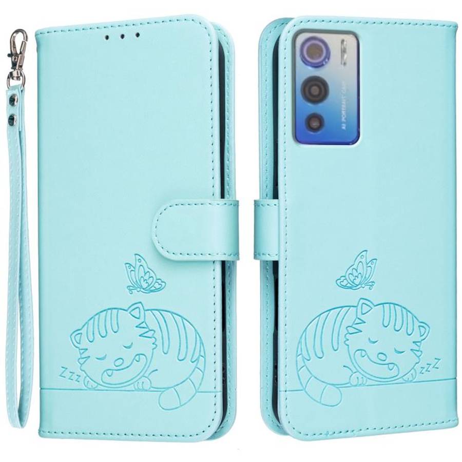 For DOOGEE N60 Pro Cat Butterfly Embossed RFID Vegan Leather Phone Case with Strap(Light Green)