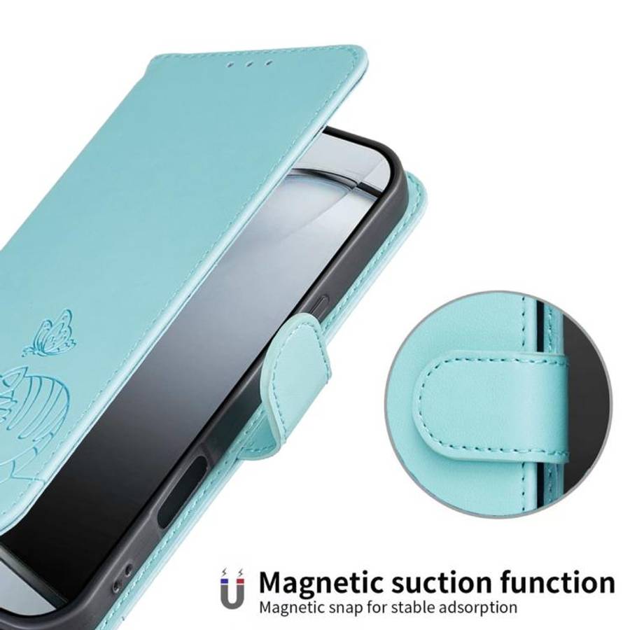 For DOOGEE N60 Pro Cat Butterfly Embossed RFID Vegan Leather Phone Case with Strap(Light Green)