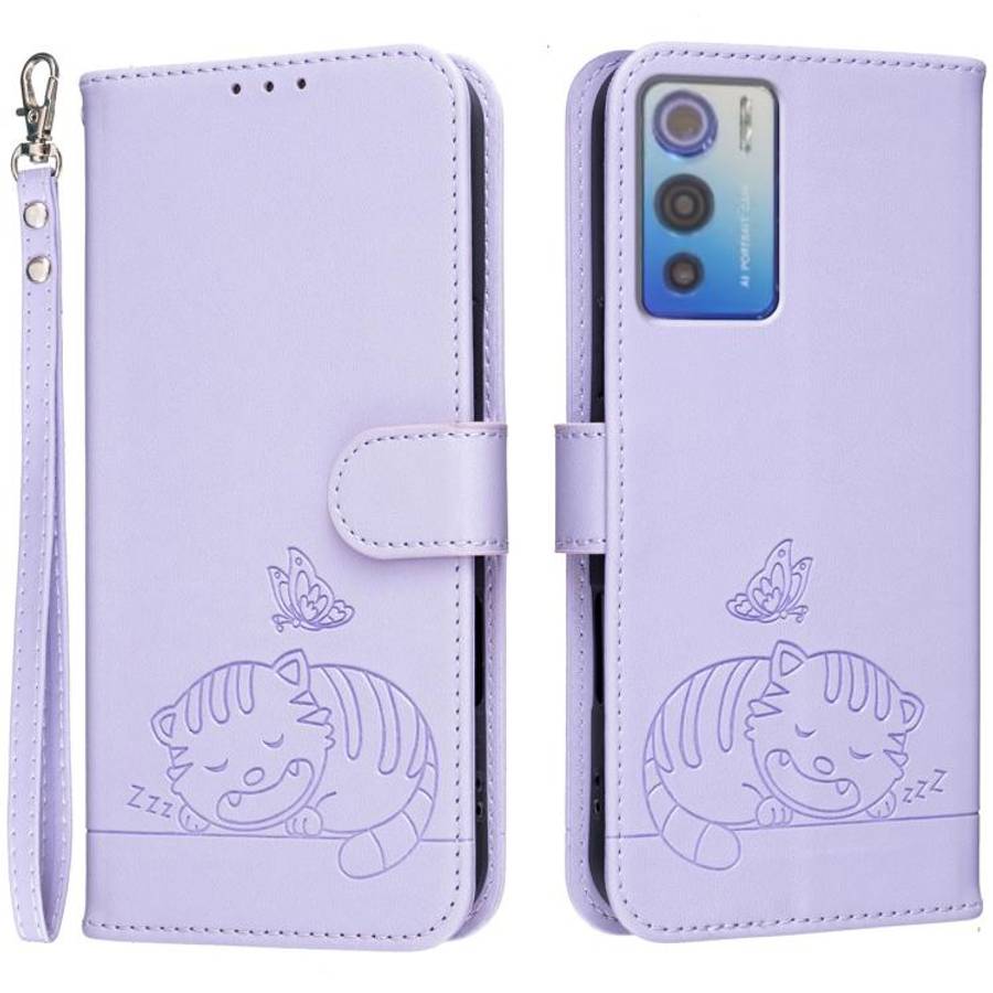 For DOOGEE N60 Pro Cat Butterfly Embossed RFID Vegan Leather Phone Case with Strap(Light Purple)