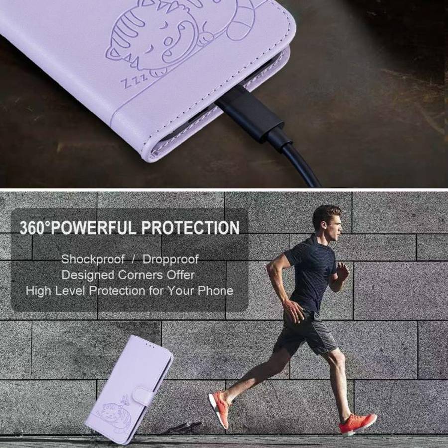 For DOOGEE N60 Pro Cat Butterfly Embossed RFID Vegan Leather Phone Case with Strap(Light Purple)