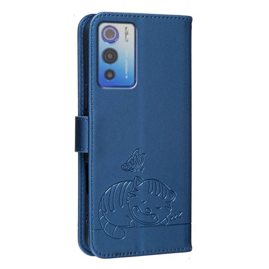 For DOOGEE N60 Pro Cat Butterfly Embossed RFID Vegan Leather Phone Case with Strap(Dark Blue)