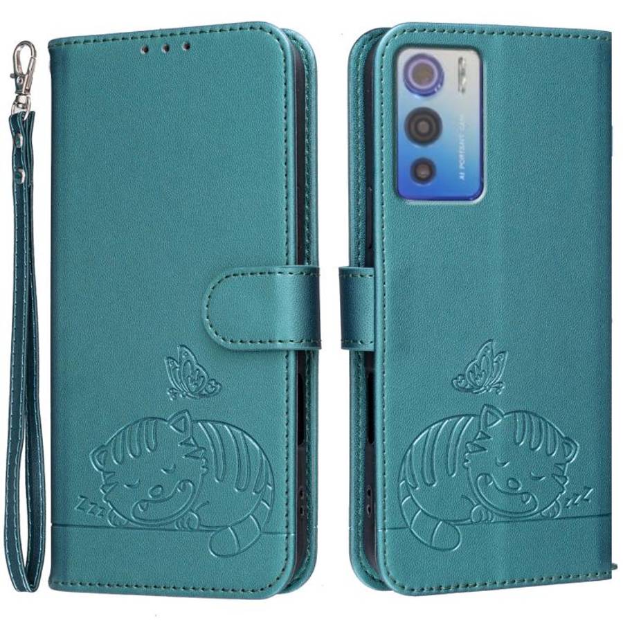 For DOOGEE N60 Pro Cat Butterfly Embossed RFID Vegan Leather Phone Case with Strap(Dark Green)