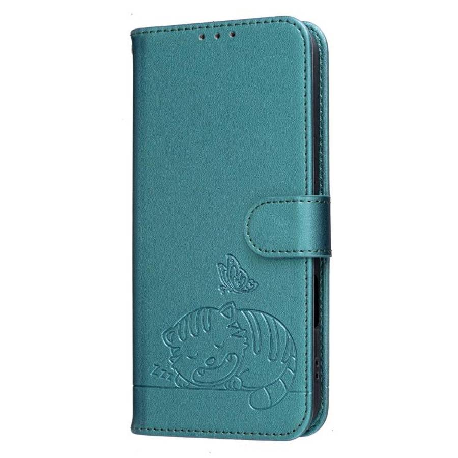 For DOOGEE N60 Pro Cat Butterfly Embossed RFID Vegan Leather Phone Case with Strap(Dark Green)