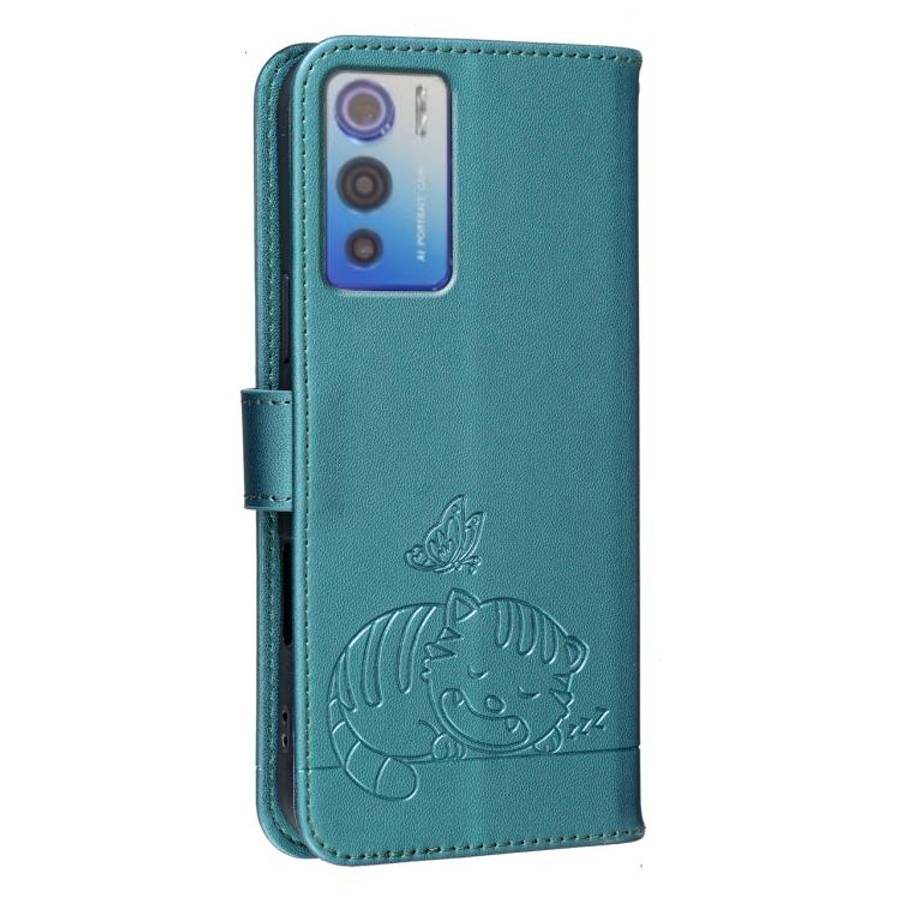 For DOOGEE N60 Pro Cat Butterfly Embossed RFID Vegan Leather Phone Case with Strap(Dark Green)