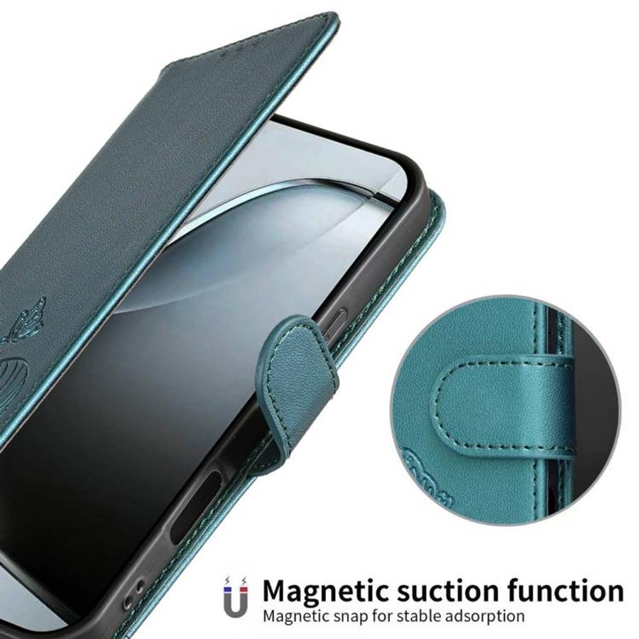 For DOOGEE N60 Pro Cat Butterfly Embossed RFID Vegan Leather Phone Case with Strap(Dark Green)