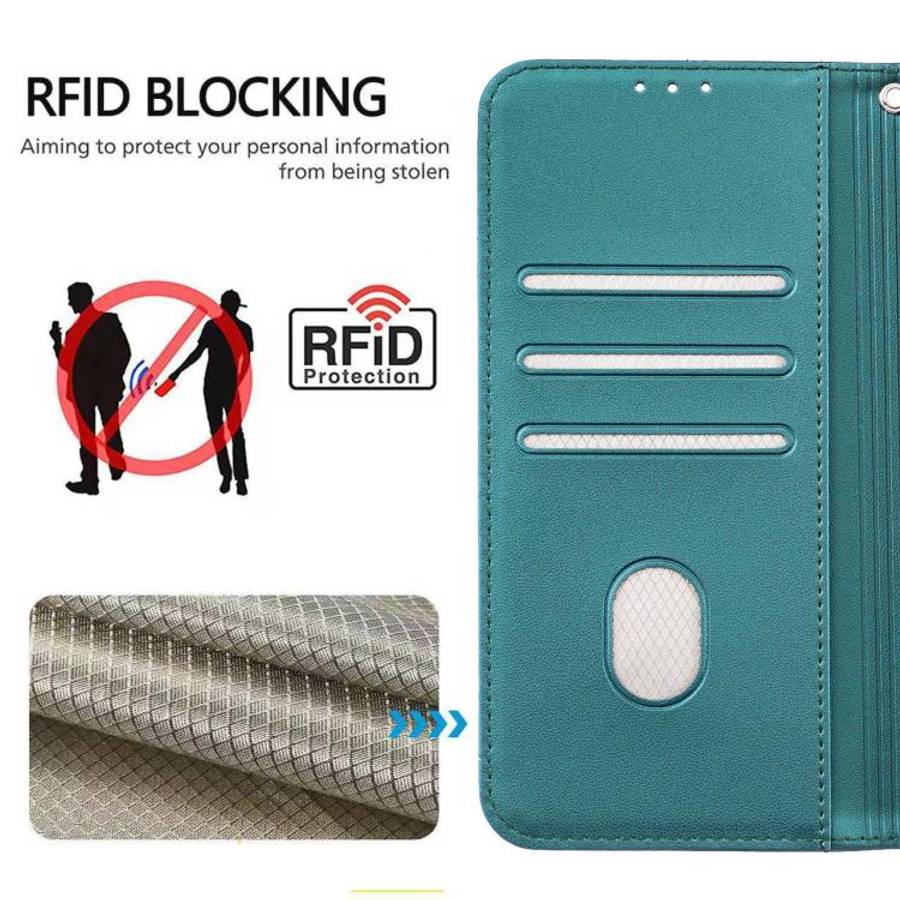 For DOOGEE N60 Pro Cat Butterfly Embossed RFID Vegan Leather Phone Case with Strap(Dark Green)