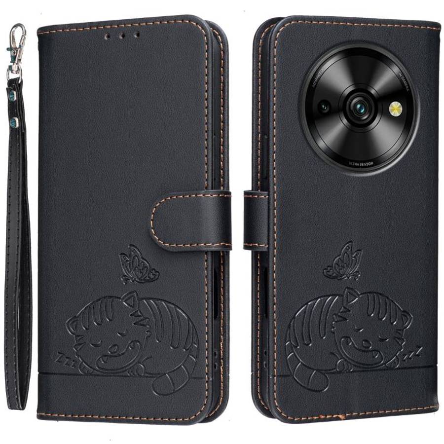 For Oukitel C59 Pro Cat Butterfly Embossed RFID Vegan Leather Phone Case with Strap(Black)