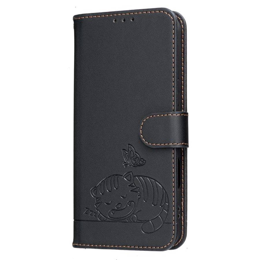 For Oukitel C59 Pro Cat Butterfly Embossed RFID Vegan Leather Phone Case with Strap(Black)