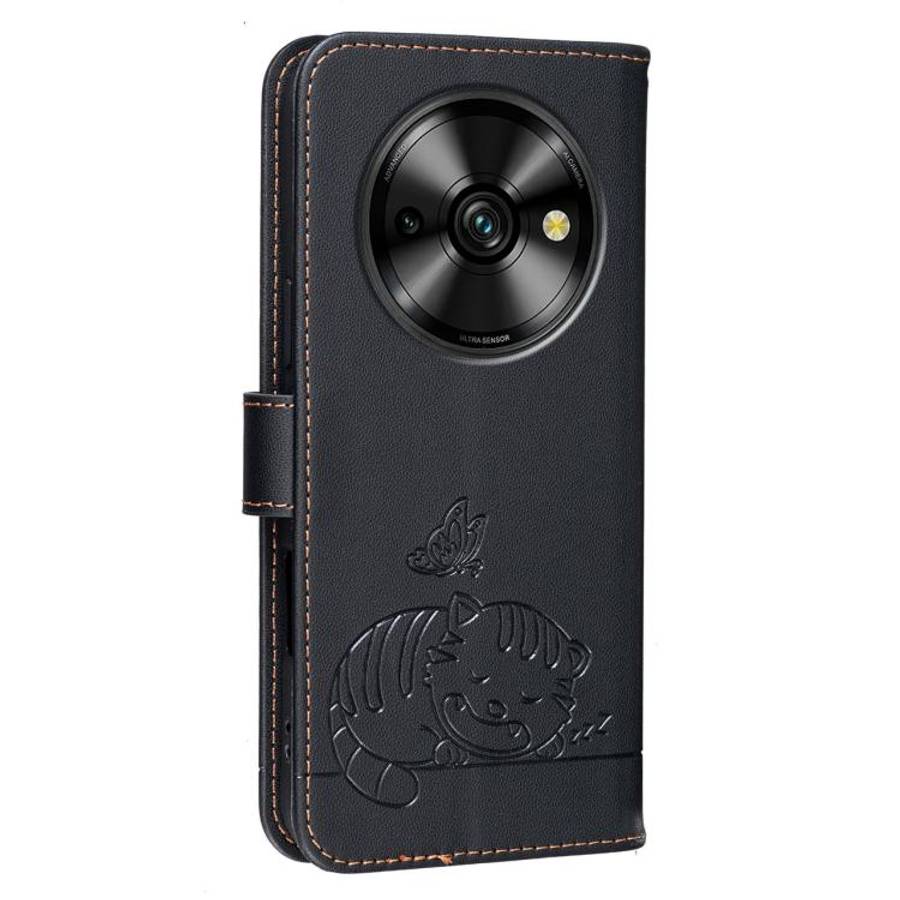 For Oukitel C59 Pro Cat Butterfly Embossed RFID Vegan Leather Phone Case with Strap(Black)