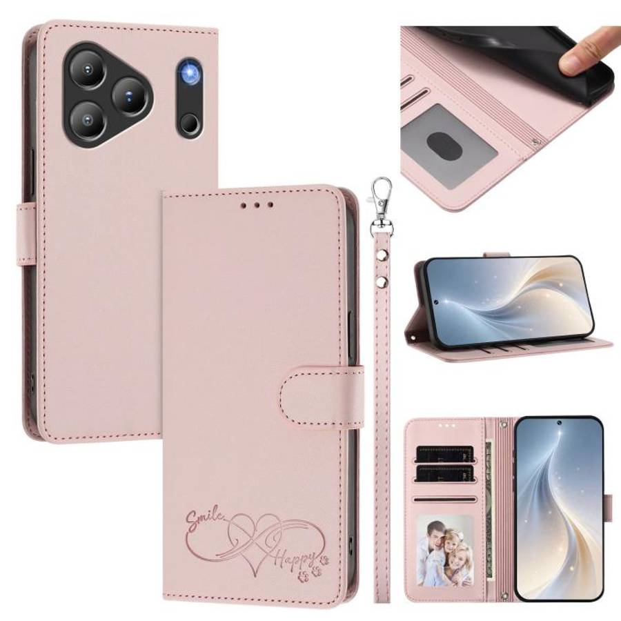 For Blackview WAVE 7C Happy Heart Pattern Magnetic Closure Vegan Leather Phone Case with Wrist St...