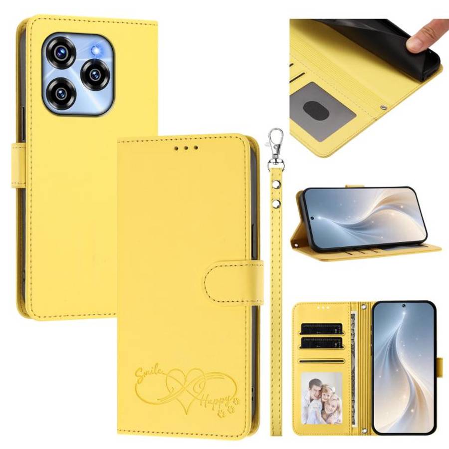 For Oukitel C50 Happy Heart Pattern Magnetic Closure Vegan Leather Phone Case with Wrist Strap(Ye...