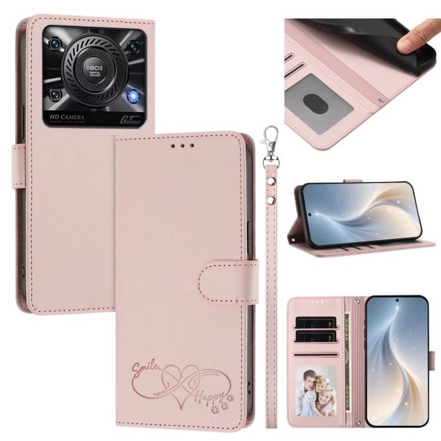 For Oukitel C60 Happy Heart Pattern Magnetic Closure Vegan Leather Phone Case with Wrist Strap(Pink)