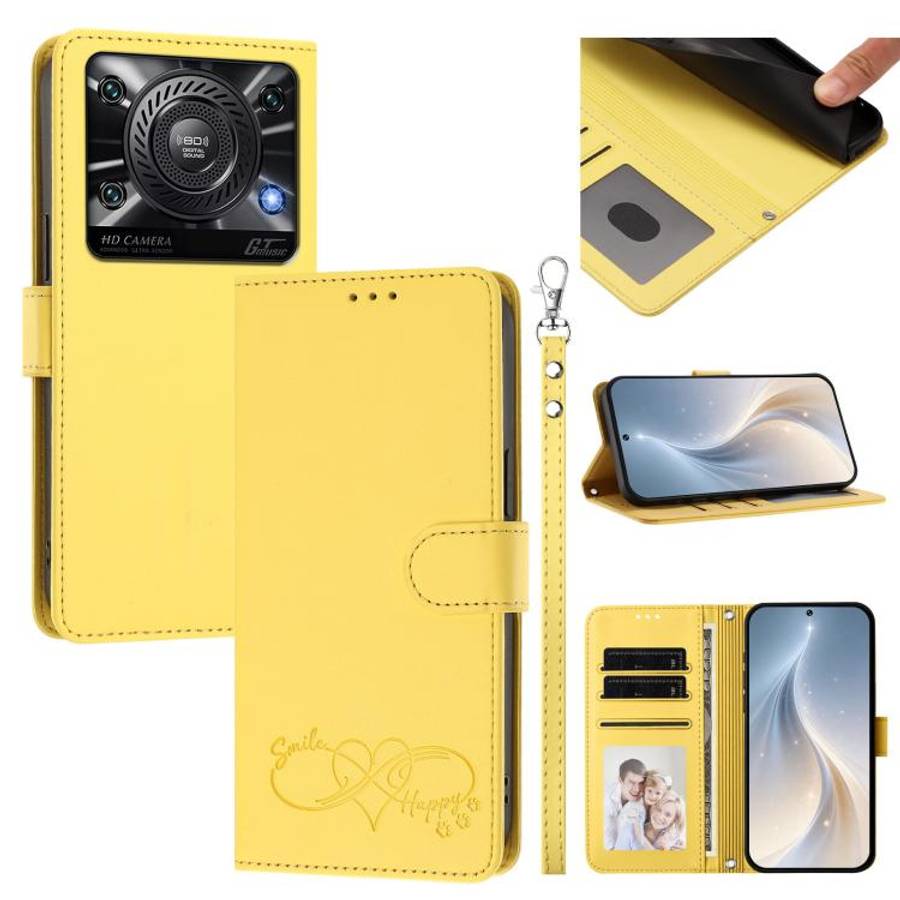For Oukitel C60 Happy Heart Pattern Magnetic Closure Vegan Leather Phone Case with Wrist Strap(Ye...