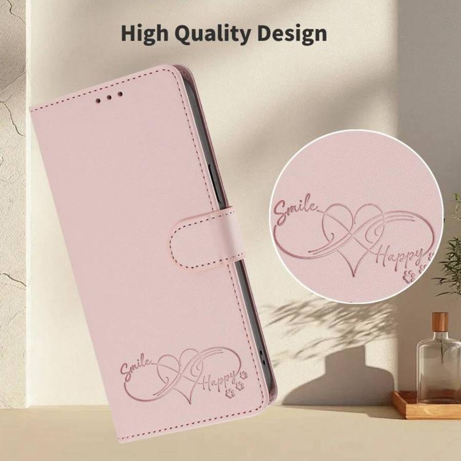 For Oukitel C68 Happy Heart Pattern Magnetic Closure Vegan Leather Phone Case with Wrist Strap(Pink)