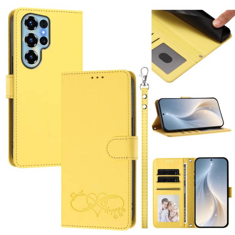 For Oukitel C68 Happy Heart Pattern Magnetic Closure Vegan Leather Phone Case with Wrist Strap(Ye...