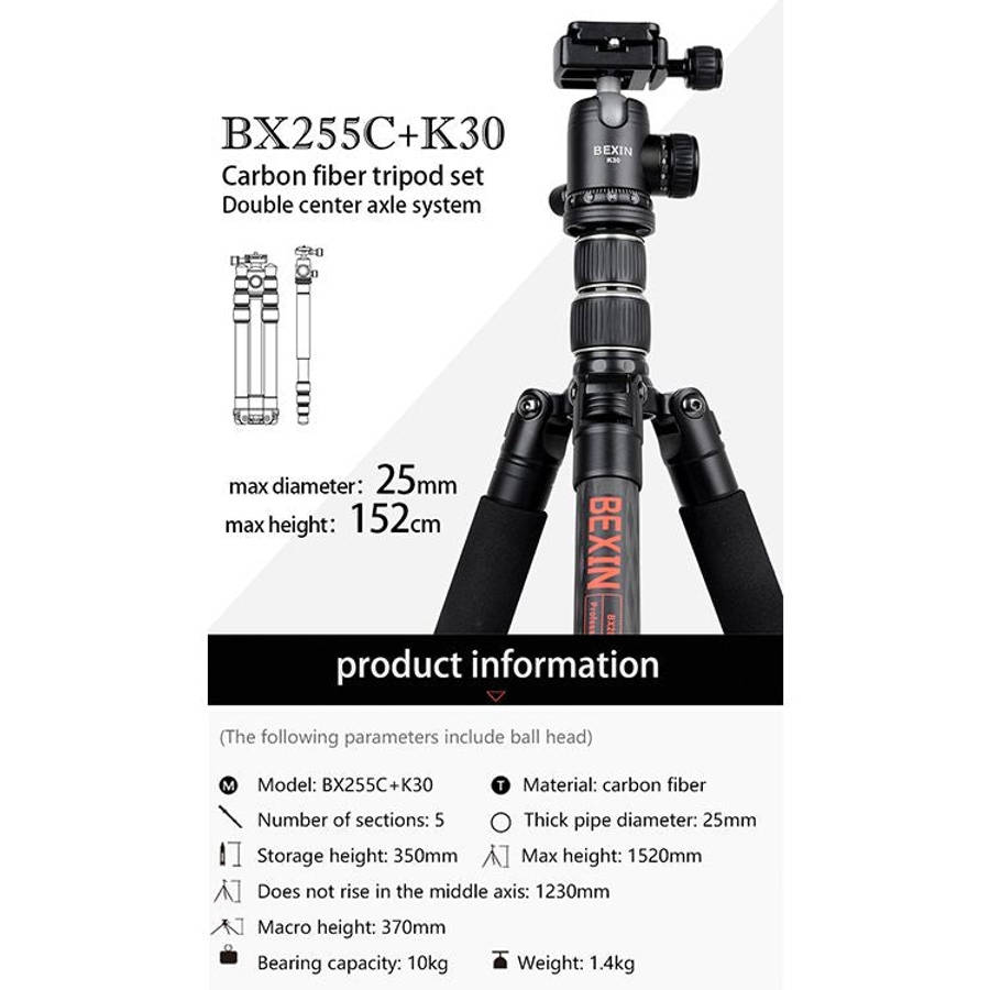 BEXIN BX255C K30 Portable Carbon Fiber Tripod for Camera Dslr