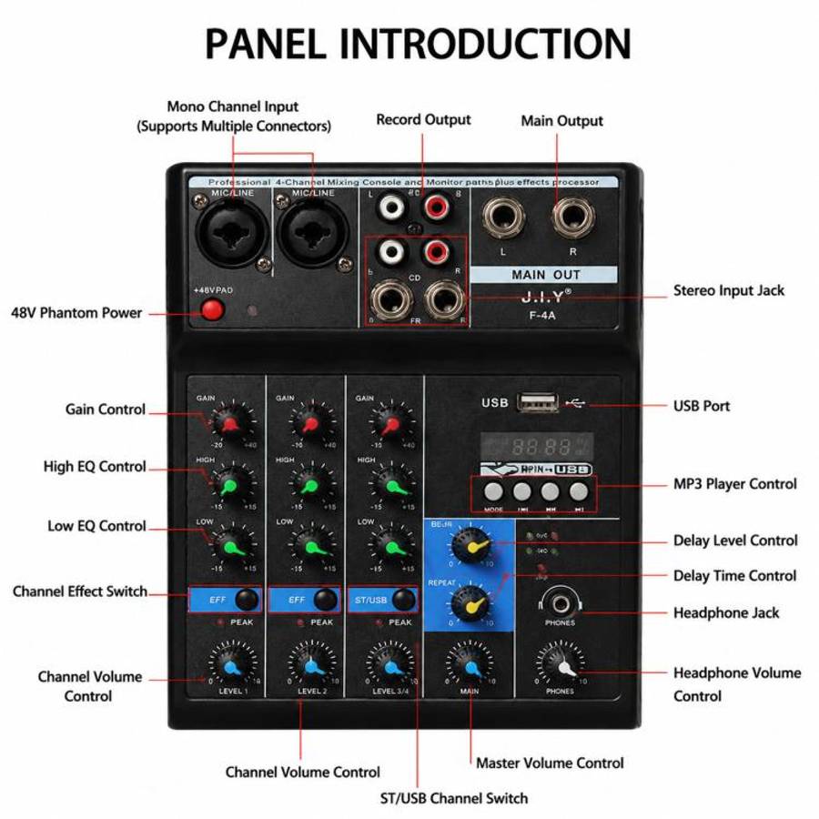 F-4A Multi-function Professional 4-way Recording Mixer Bluetooth Live Streaming Sound Card, Plug ...