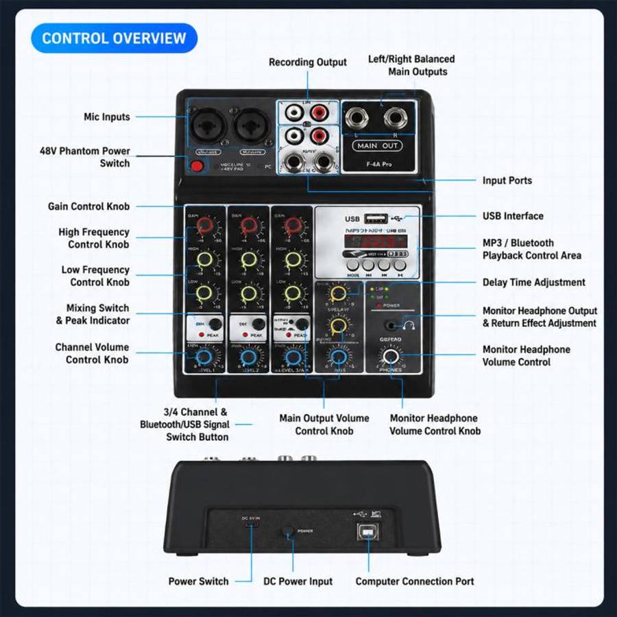 F-4A Pro Multi-function Professional Recording Mixer Bluetooth Live Streaming Sound Card, Plug Ty...
