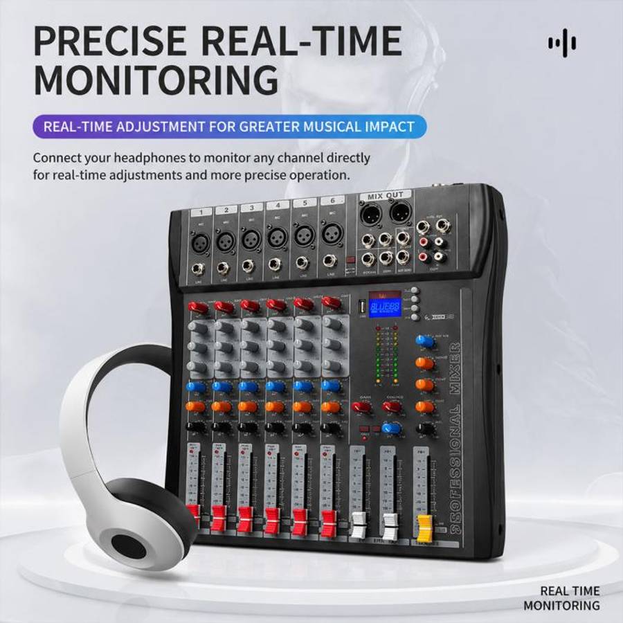 CT-6 6-Channel Professional Bluetooth Mixer with Amplifier, Plug Type:UK Plug(Black Grey)
