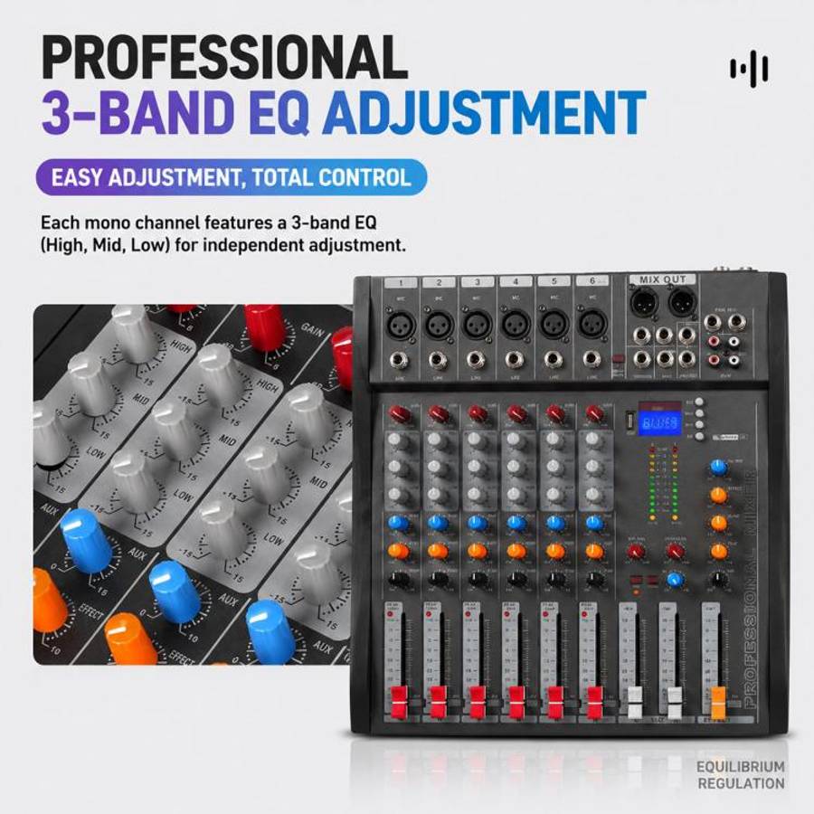 CT-6 6-Channel Professional Bluetooth Mixer with Amplifier, Plug Type:UK Plug(Black Grey)