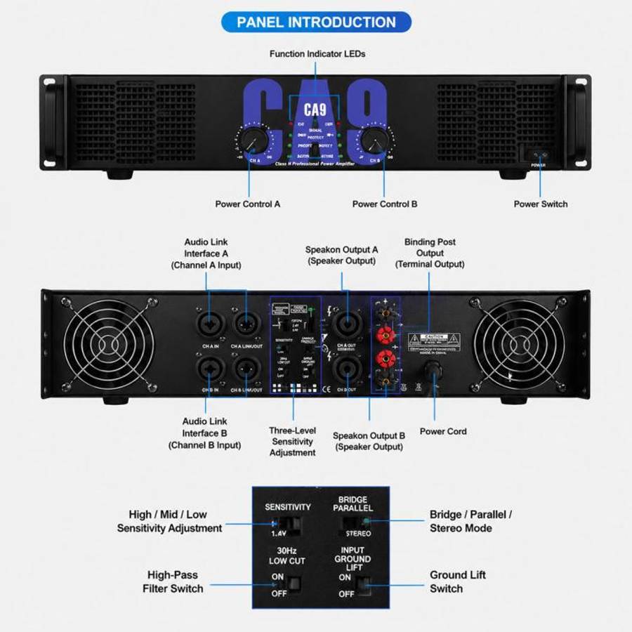 CA12 2000W Stage Dual-Channel Pure Audio Power Amplifier(EU Plug)